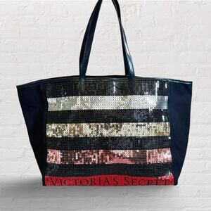 Victorias Secret Metallic Sequin Striped Large Black Tote Gold Red Silver Bag